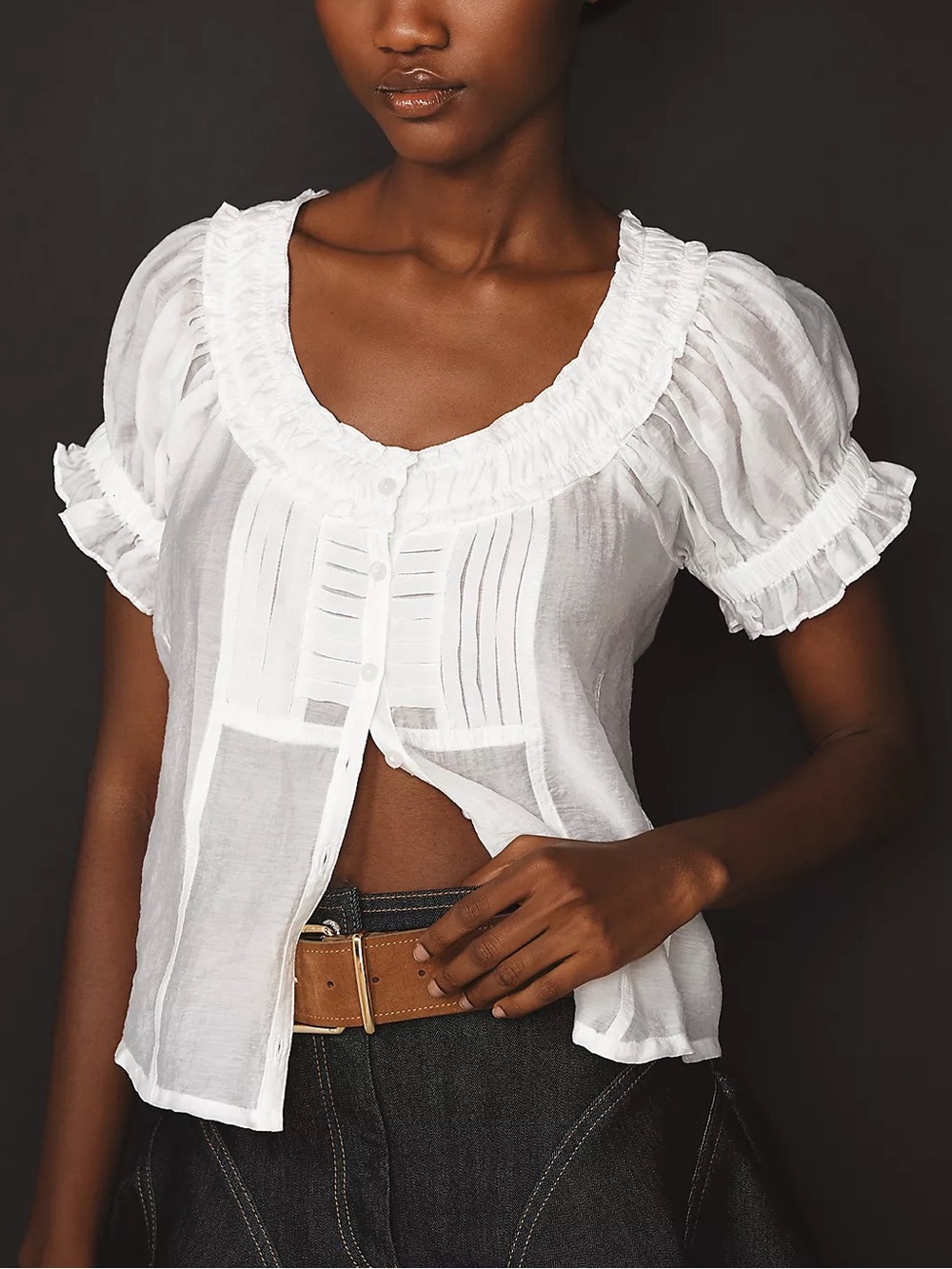 NEW Anthropologie Pilcro White Short-Sleeve Sheer Silky Blouse Size XS